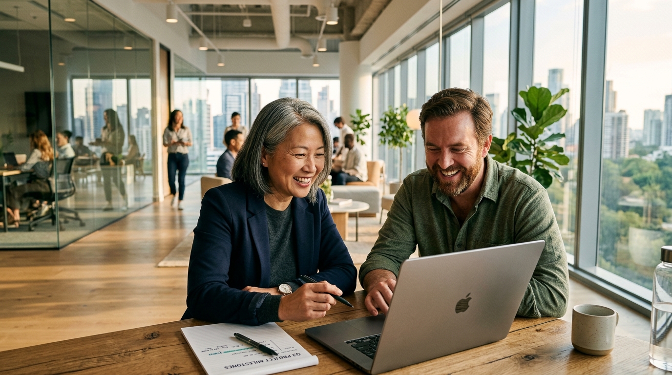 Friendly technology consultant collaborating with business founder